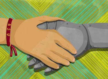 A human hand wearing an ASU bracelet shakes a robot's hand with a green pattern background